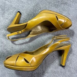 Stuart Weitzman Yellow‎ Patent Leather Slingback Peep Toe Platform Heels Size 7